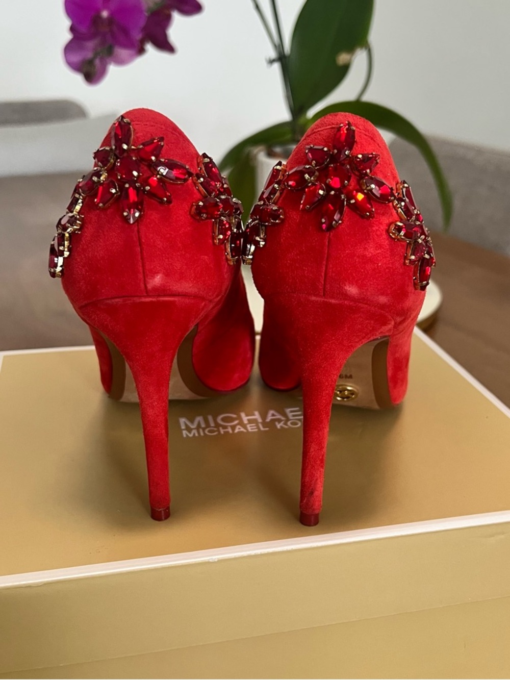 MICHAEL Michael Kors Red Suede Pointed Toe Pumps with Jeweled Back - Picture 4 of 7